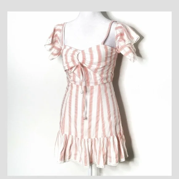 Tularosa Brinley Mini Dress Off Shoulder Pink Stripe Ruffle Hem Sweetheart Neck - Picture 3 of 11